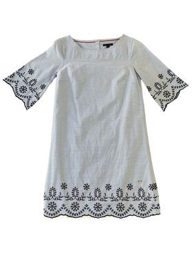 Tommy Hilfiger dress 100% cotton blue white  embroidered 3/4 sleeves Small